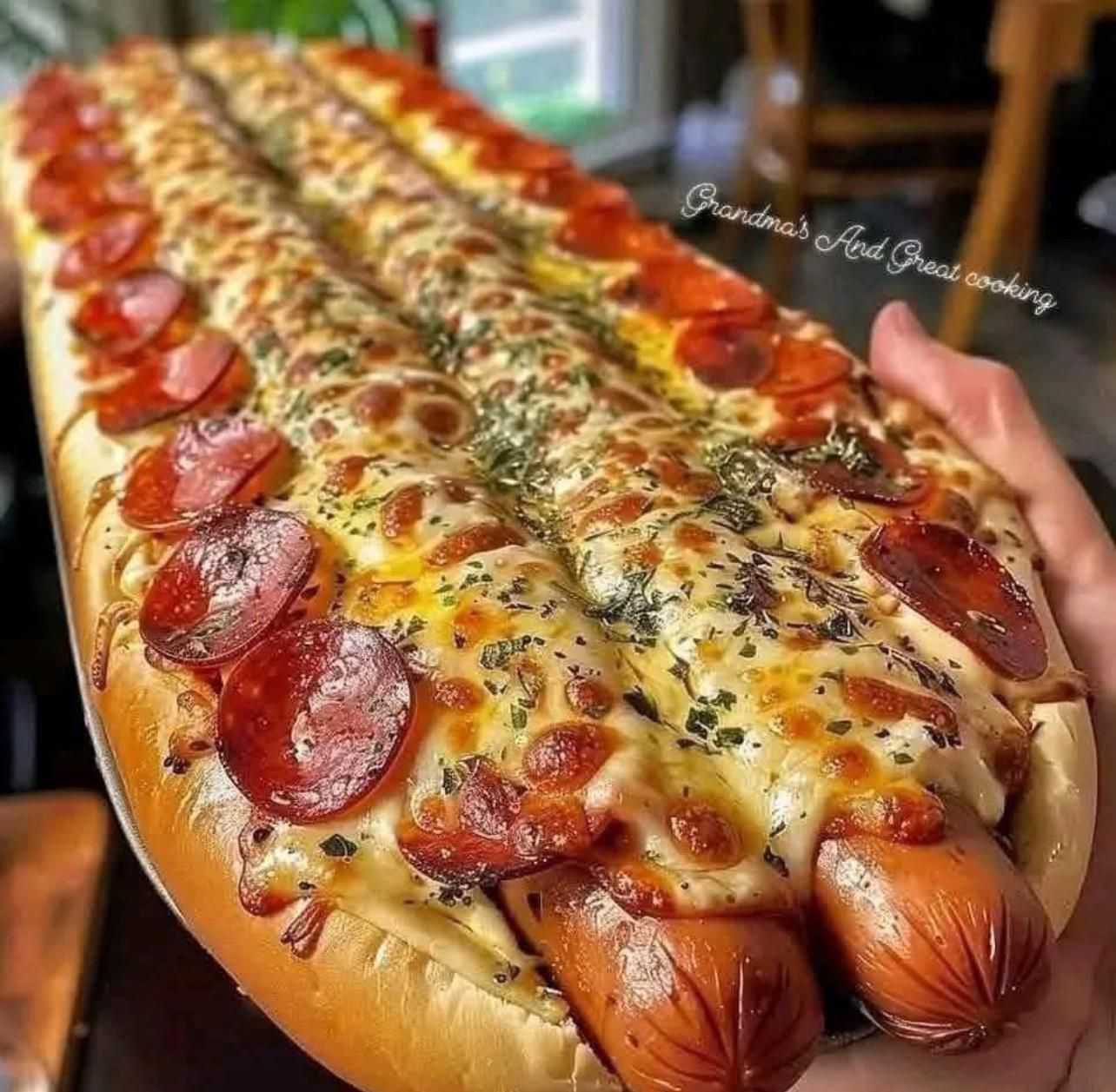 HUGE CHEESE DOG SANDWICH WITH A PIZZA SLICE INSIDE, PEPPERONI, AND A TOPPING OF MELTED CHEESE AND GARLIC BUTTER