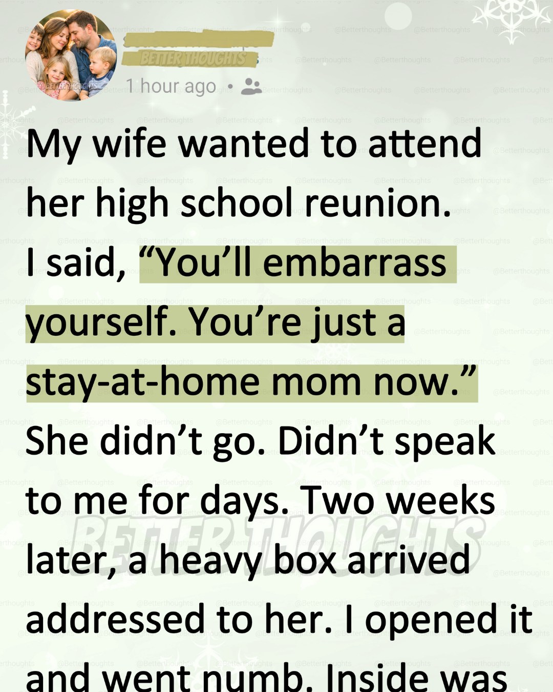I Called My Wife ‘Just a Stay-at-Home Mom’ and Stopped Her From Going to Her Reunion—Then a Box Arrived That Left Me Numb
